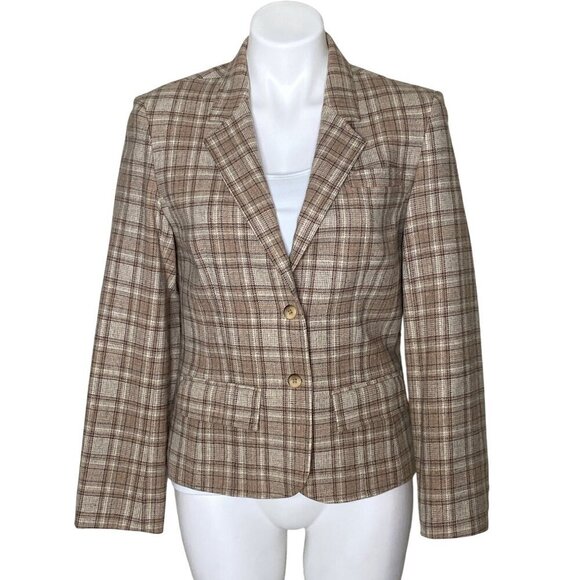 Pendleton Vintage Beige Plaid 100% Virgin Wool Blazer, Long Sleeves Women's 10 - Picture 1 of 10